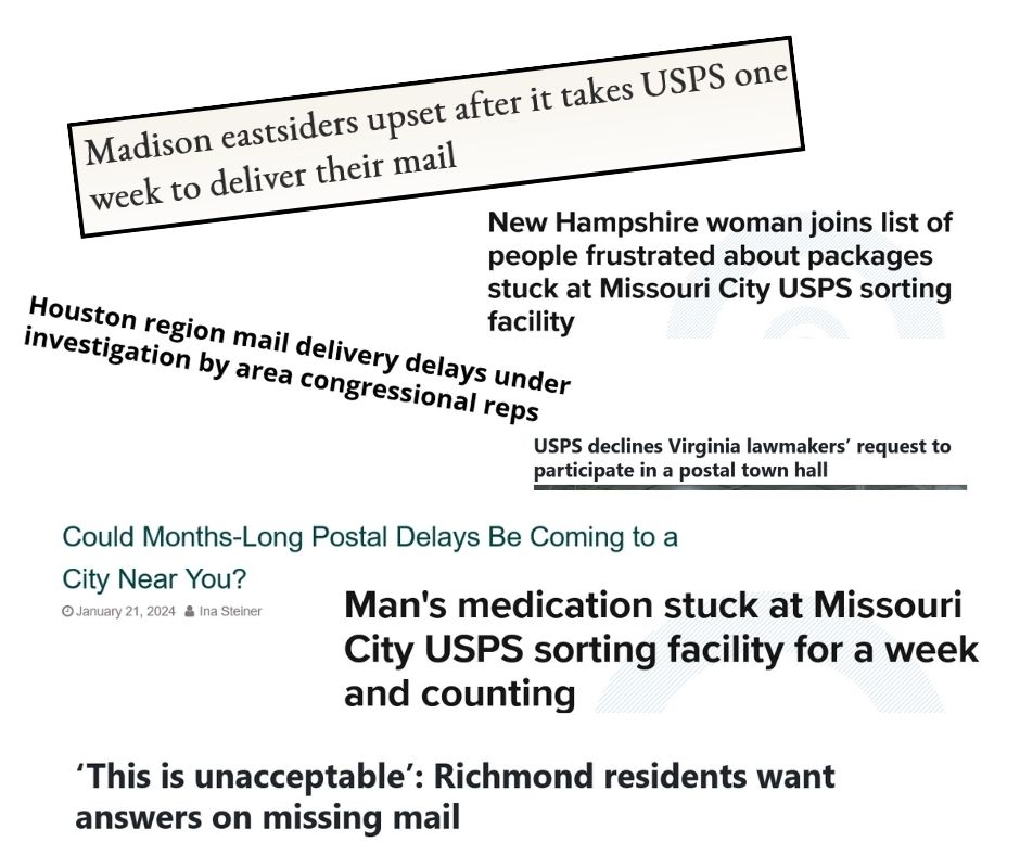 a graphic of headlines about missing mail deliveries across the United States