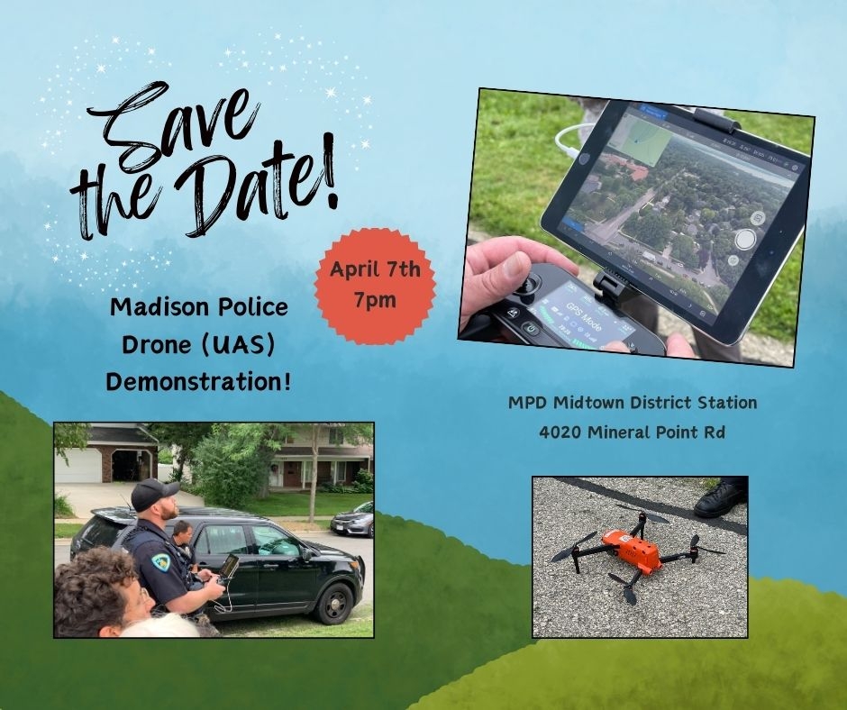 a graphic showing a community invitation to a drone demonstration on Sunday, April 7, 2024 at 7pm